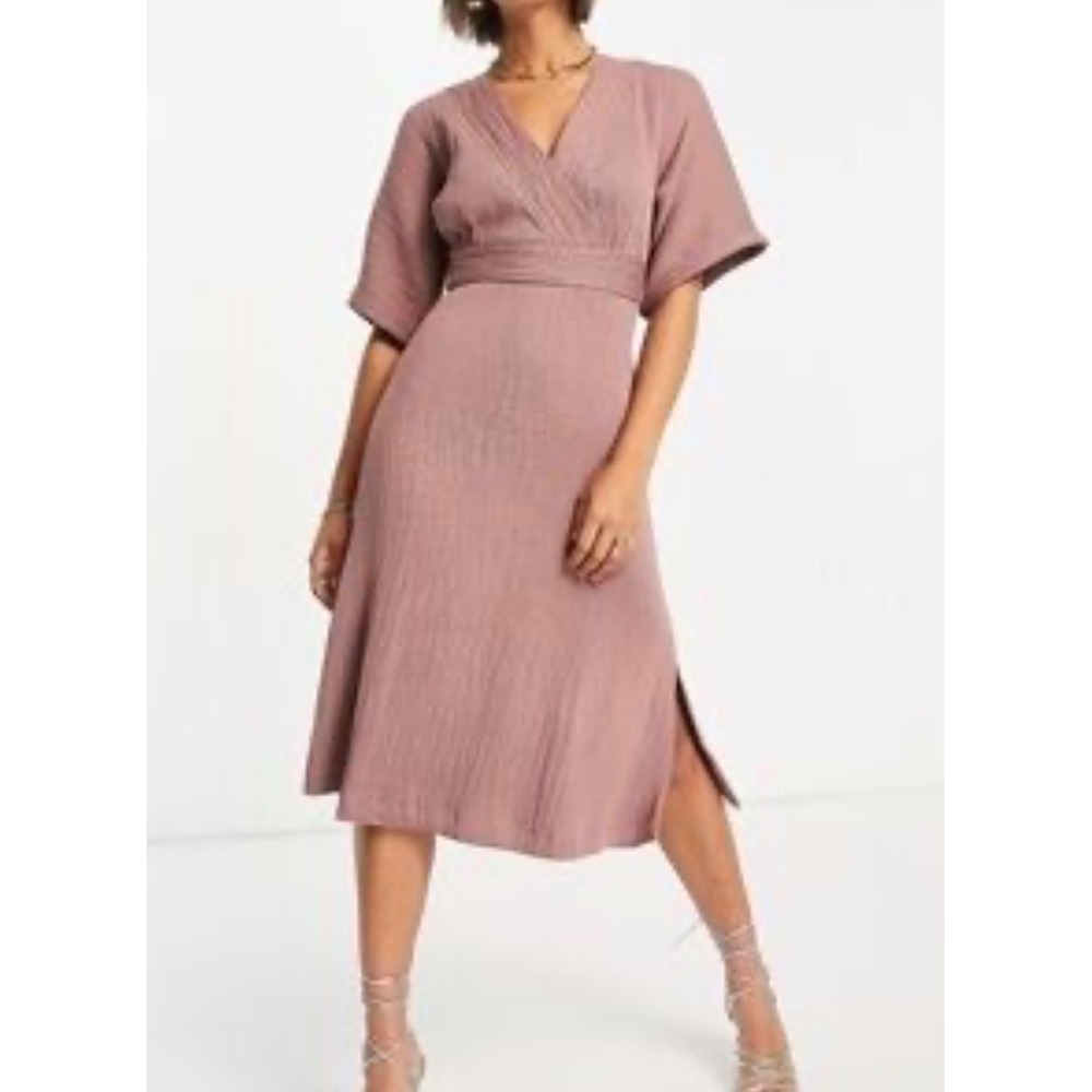 Closet London Womens Mauve Crinkle Wrap Front Midi Dress Size 6 Short Sleeve